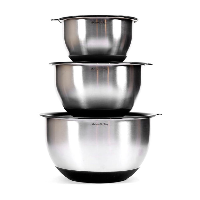 Stone & Clay Multifunctional Mixing Bowls - Stainless Steel Measuring Bowls with Grater Lids and Silicone Base - For Cooking, Baking, and Food Prep - Set of 3 Nesting Bowls - Black