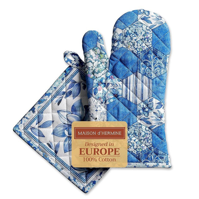 Maison d' Hermine 100% Cotton Oven Mitt & Pot Holder Set (7.5"x13" & 8"x8") Heat Resistant BBQ Cooking Gloves with Loop, Baking, Grilling, Kitchen, Handling Hot Pans Spring/Summer (Summer Blues)