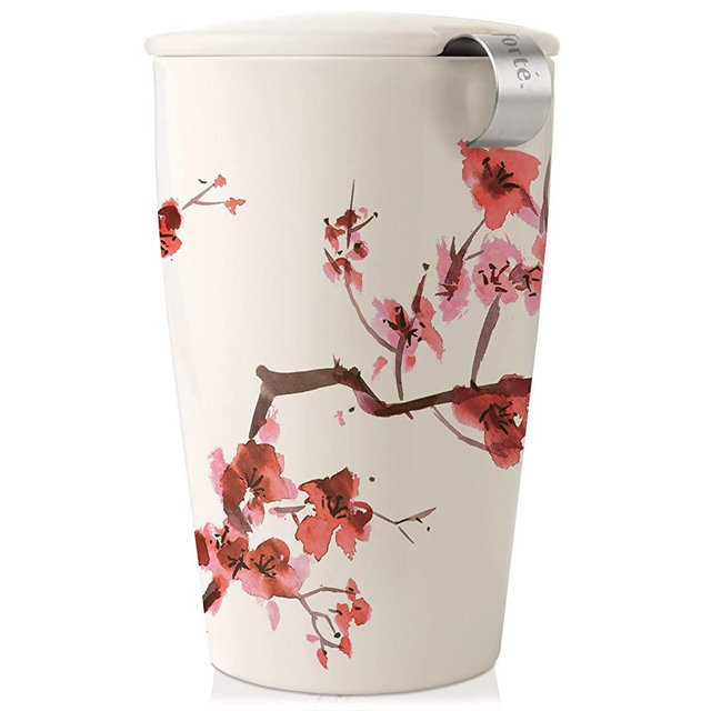 Tea Forte Kati Cup Cherry Blossoms, Ceramic Tea Infuser Cup with Infuser Basket and Lid for Steeping Loose Leaf Tea
