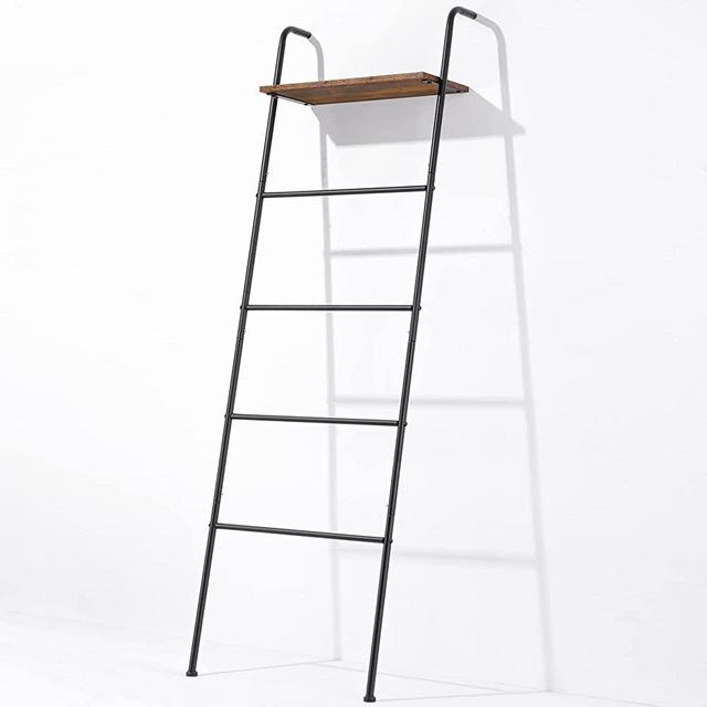 Blanket Ladder 5 Layer Wall-Leaning Ladder Rack with Shelf Decorative Ladder Shelf Metal Leaning Towel Ladder Rack for Blankets or Towels for Living Room Bathroom Rustic Black