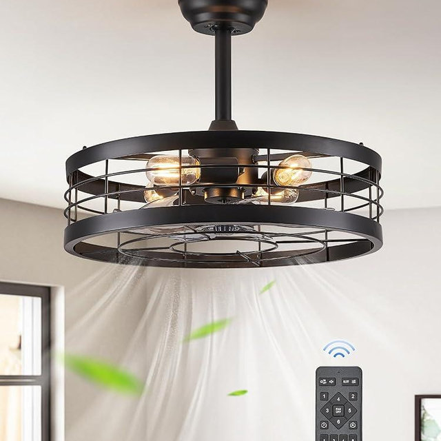 LEDIARY 20 inch Fandelier Caged Ceiling Fan with Light, Bladeless Ceiling Fan with Remote, Farmhouse Fan Lights Ceiling Fixtures for Kitchen, Bedroom, Outdoor(6 Speed, Timing)-Black