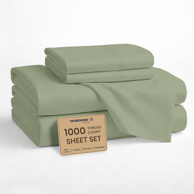 SGI bedding 100% Egyptian Cotton Sheets California King Size - 1000 Thread Count Luxury Hotel Sheets, 16" Deep Pocket, Soft & Breathable 4-Piece Moss Sheet Set