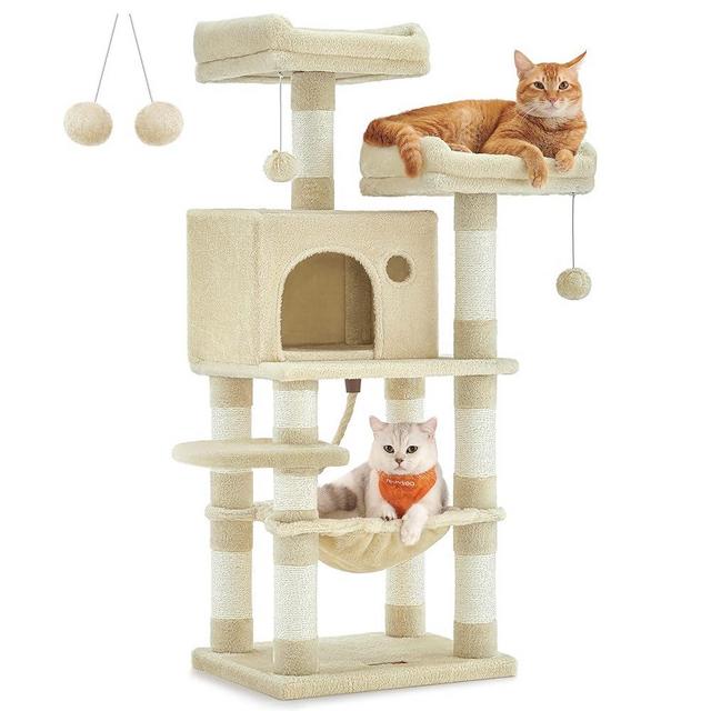 Feandrea Cat Tree, 44.1-Inch Cat Tower for Indoor Cats, Multi-Level Cat Condo with 11 Scratching Posts, 2 Perches, Cave, Hammock, Beige UPCT215M01