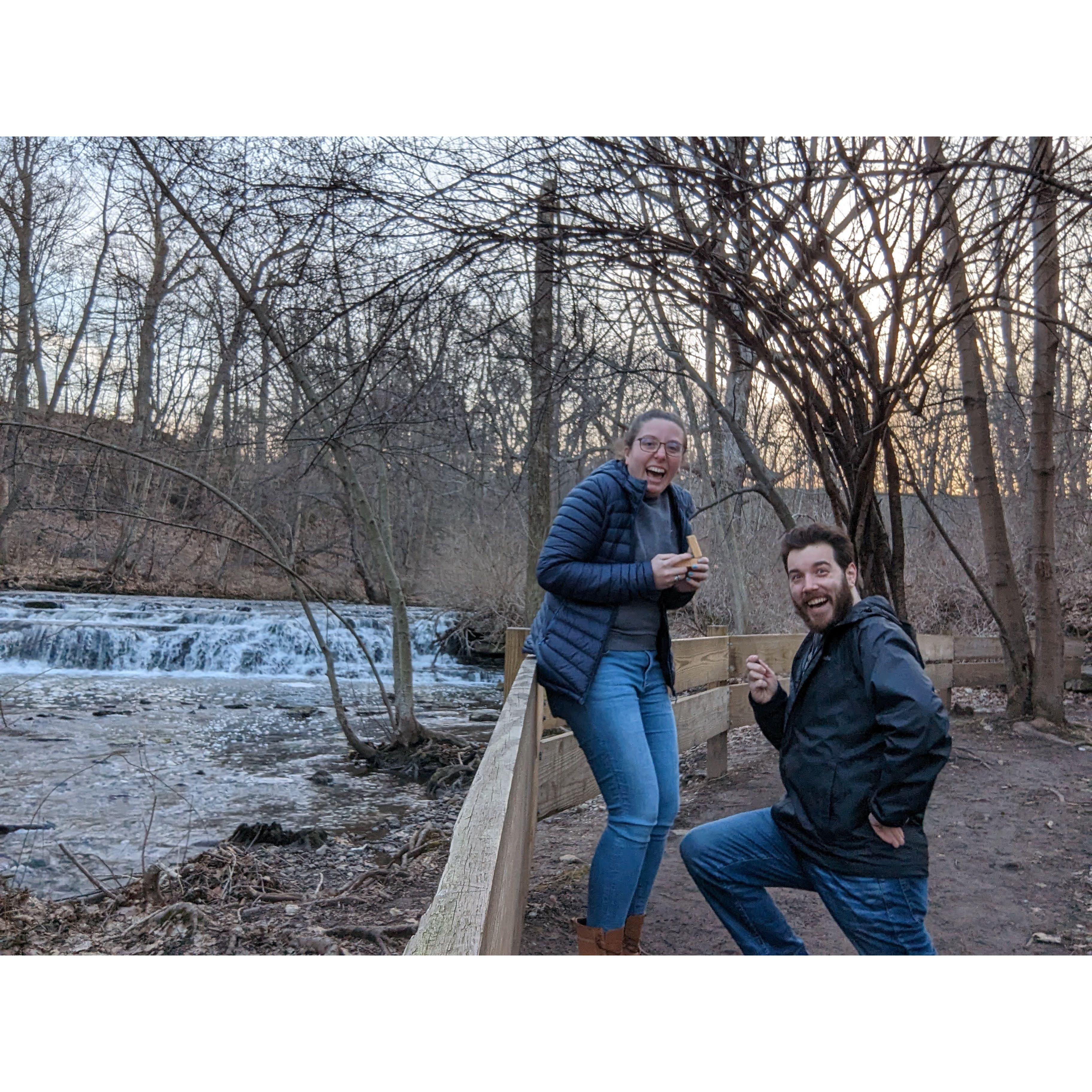 February 2023-We got engaged at Corbetts Glen in Rochester. Clay brought a tripod to "take a picture by the waterfall."