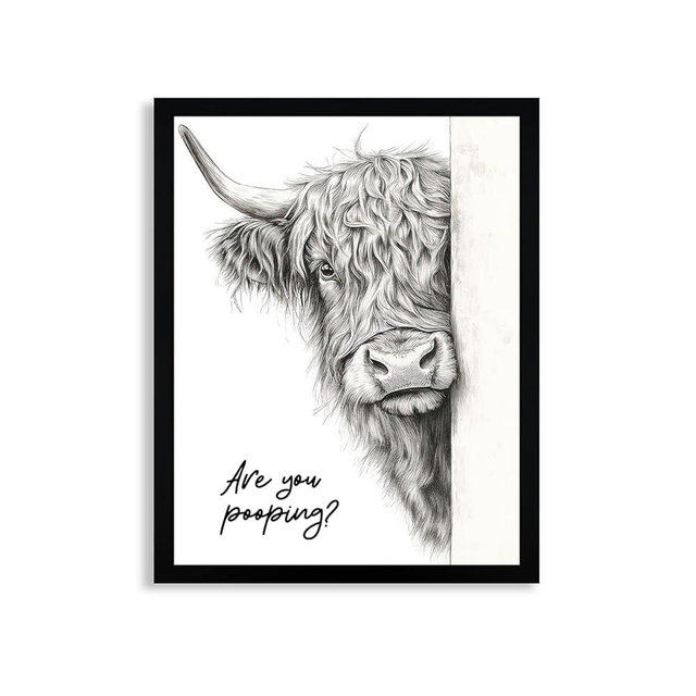 WRFON Framed Highland Cow Bathroom Wall Art, Funny Highland Cow With Are You Pooping Artwork Print, Black and White Animal Canvas Wall Painting, Modern Farmhouse Decoration for Home Decor, 8"W x 10"L