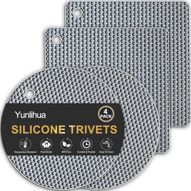 Yunlihua Silicone Trivet Mats, 4 Pack Hot Pads Pot Holders for Kitchen, Heat Resistant Non-Slip Trivets for Hot Dishes, Hot Pots and Pans, Countertop, Table, Food Grade Silicone & BPA Free, Gray