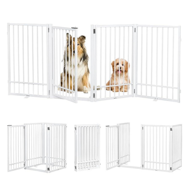 HIDOG Metal Freestanding Dog Gate with Door, Extra Wide 81", 31" Height Foldable Dog Gates for Doorways, Tall Pet Fence Indoor Outdoor Pet Gates, 4 Panels Pet Barrier for Stairs Hallways, White