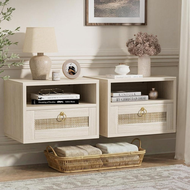 IGERI Floating Nightstand Set of 2 with Drawer for Wall Mounted Hanging Rattan Night Stand Bed Side Tables Wooden End Table Small Boho Dressers for Bedroom Farmhouse Shelves with Drawers