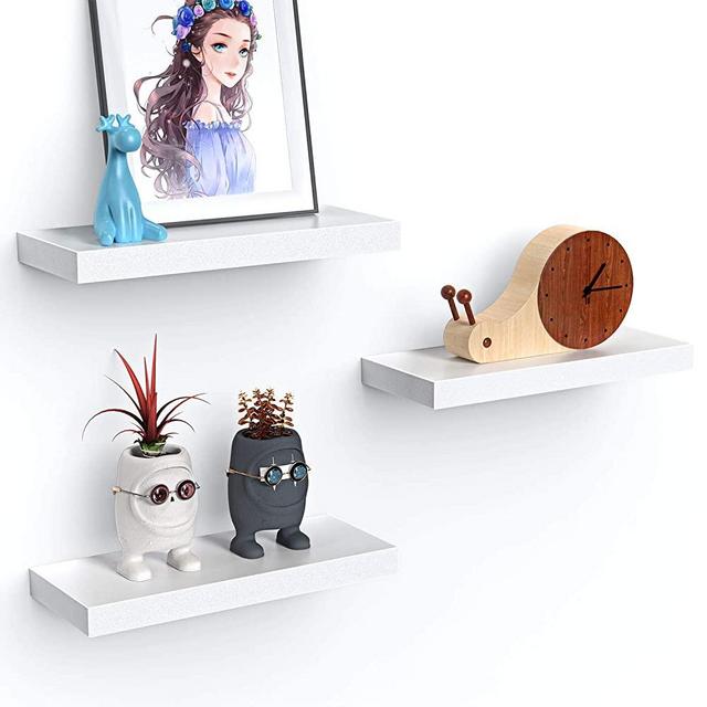 Amada White Floating Shelves Invisible Wall Mounted 3 Sets, Modern Faux Wood Storage Shelves with Matte Finish, Perfect for Bedroom, Bathroom, Living Room and Kitchen Storage AMFS08