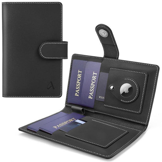 ALLIVE Passport Holder for Travel Family, Genuine Leather Passport Wallet with AirTag Slot, RFID Blocking Travel Document Organizer for Women & Men, Airport Essentials, Family Travel Gift (Black)