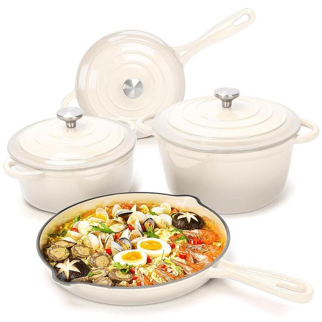 Hisencn Enameled Cast Iron Cookware Set - 7 Piece Set of Dutch Ovens, Sauce Pan, Skillet, 3 Lids, Dutch Oven Set, Ceramic Nonstick Coated, Heavy Duty, Gas/Induction Compatible, PFA Free, Cream White