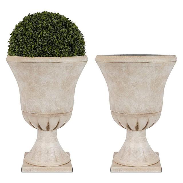 Worth Garden Set of 2 Urn Planter,16'' Dia. x 23'' H. Large Imitation Stone Antique Flower Pots Indoor & Outdoor Decorative Classic Pots for Garden Patio Deck Light & Unbreakable