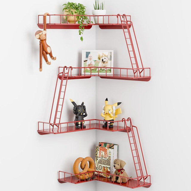 WOPITMER Fire Escape Wall Shelf - Modern City Style 4-Tier Corner Wall Shelves, Easy to Install Metal Ladder Shelf for Figures, New York Decorative Shelves for Bathroom, Living Room & Home Decor, Red