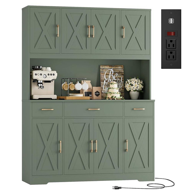 HOSTACK 71" Tall Pantry Cabinet with Charging Station, 55" Wide Kitchen Pantry Storage Cabinet with Countertop, Large Kitchen Hutch with Storage Drawers and Doors for Dining Room, Living Room, Green