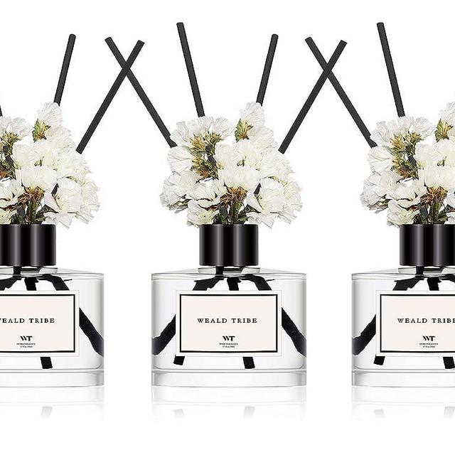 Flower Reed Diffuser Set of 3(Bamboo, Sage & Sea Salt, Sandalwood Ebony Scent) for Bathroom Accessories Bedroom Shelf Decor & Air Fresheners, Gift Sticks Defusers with 1.7 oz Essential Oils Each Pack