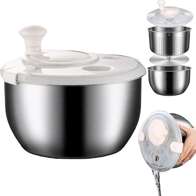 Salad Spinner Stainless Steel, Metal Salad Spinner, Salad Spinner Large, 6l With Pp Cover, Essential Kitchen Tool for Dehydrating Lettuce, Fruits and Vegetables, Pasta, and French Fries