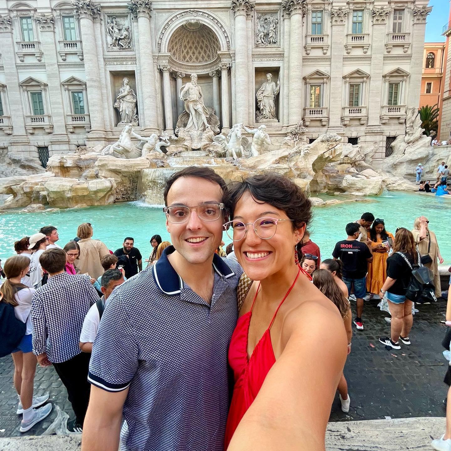 We went to Italy in July 2023 and it was Tyler's first time overseas! Here we are at the Trevi Fountain in Rome. We ate a lot of gelato in Italy because ice cream is Caitlin's favorite food.