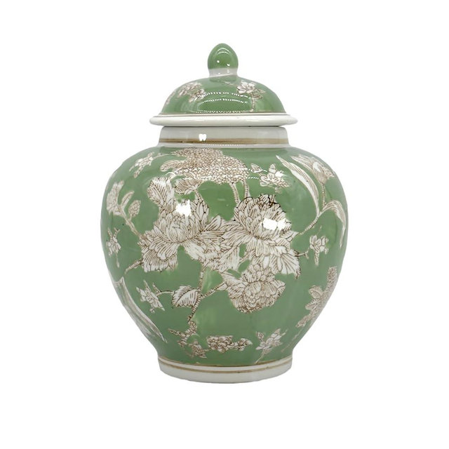 Galt International Green & White Floral Chinoiserie Ginger Jar 10" with Lid - Ginger Jar, Tea Storage, Decorative, Home Decor Jar