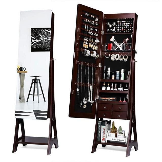 TWING Jewelry Cabinet Armoire Free Standing 6 LED Jewelry Armoire With Full Mirror, Jewelry Organizer, Mirrored Jewelry Cabinet, Brown