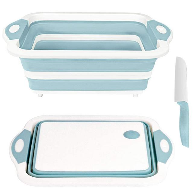 Rottogoon Collapsible Cutting Board, Foldable Chopping Board with Colander, Multifunctional Kitchen Vegetable Washing Basket Silicone Dish Tub for BBQ Prep/Picnic/Camping(Light Blue)