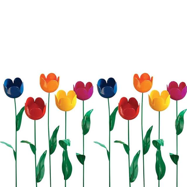 Varying Colors Set of 10 Artificial Tulips with Green Stems, 19.5” H – 2.25” Diameter Flower Head – Durable Weather Resistant Metal Construction for Year-Round Display
