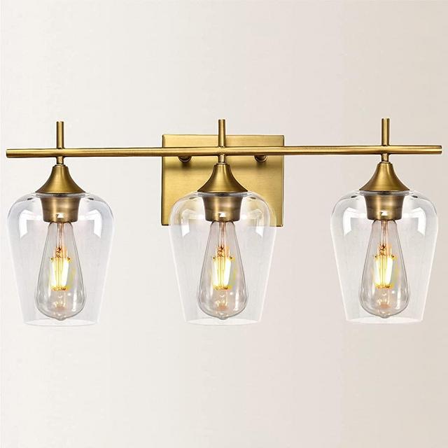 Vanity Lights Fixtures, Zicbol 3 Light Bathroom Light, Brass Gold Wall Light with Clear Glass Shade, Modern Bathroom Wall Sconce Lighting for Bath, Living Room, Bedroom, Stairs, Gallery, Restaurant