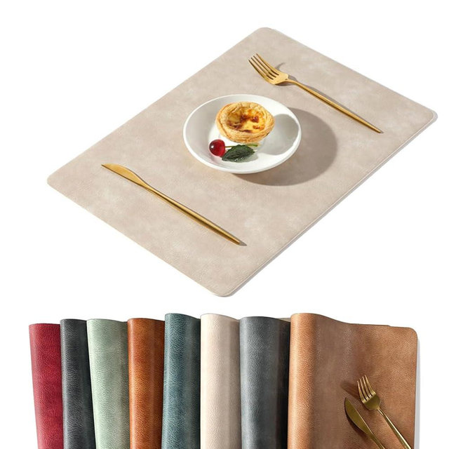 UnivoColors Washed Cowhide Pattern PU Leather Placemats Set of 8 Heat Resistant Kitchen Table Mats, Waterproof Wipeable for Party Decoration(Beige)