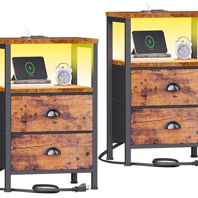 Furologee Nightstands Set of 2 Charging Station, End Tables with LED Lights, Nightstands with 2 Fabric Drawers and Shelves, Bedside Tables for Living Room/Bedroom,Rustic Brown