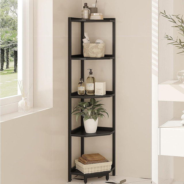 Hzuaneri Corner Shelf Stand, 5-Tier Corner Bookshelf, Storage Standing Shelf Unit with Metal Frame, Plant Stand, Corner Bookcase for Living Room, Home Office, Bedroom, Black CS05906B