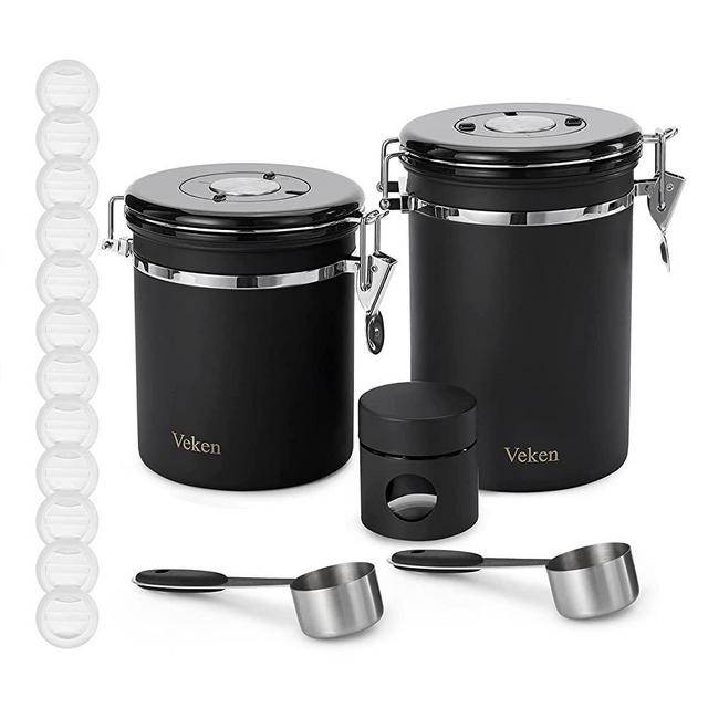 Veken Coffee Canister, 2 Piece Airtight Stainless Steel Coffee Container with Date-Tracker, Measuring Scoop, One Way Co2 Valve ＆ Travel Jar, 22oz+16oz+1.1oz, Black
