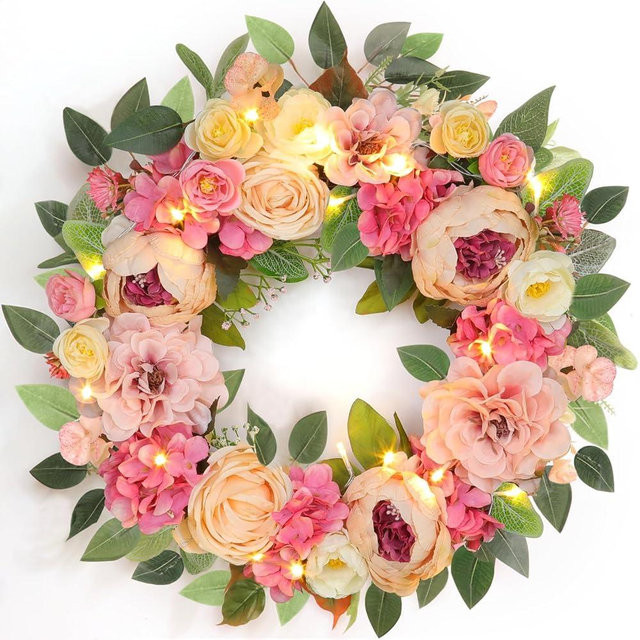 22" Peony Wreath, Floral Spring Summer Wreaths for Front Door & Lights Timer Large Pink Handmade Silk Flower Hydrangea Rose for All Season Wedding Mothers Day Wall Window Home Decor Outdoor Indoor