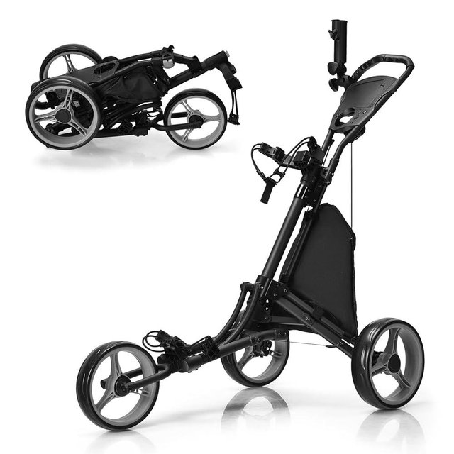 Tangkula Golf Push Pull Cart, Lightweight Aluminum Collapsible 3 Wheels Golf Push Cart, Golf Trolley with Elastic Strap, Umbrella & Cup Holder, Scoreboard Storage & Foot Brake, Golf Cart