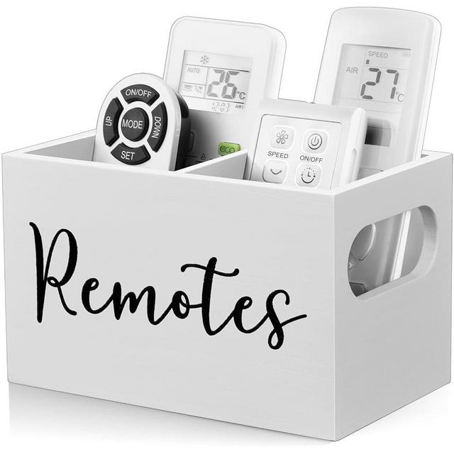 DRASTAR Remote Control Holder, White TV Remote Caddy Remote Organizer for Table, Wooden Remote Box for Nightstand, Bedside Caddy