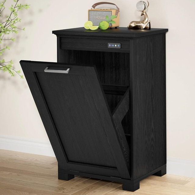 Ymise Tilt Out Trash Can Cabinet, 10 Gallons Trash Cabinet with Deodorising Function, Wooden Freestanding Garbage Can for Home and Kitchen Hidden Laundry Hamper, Black