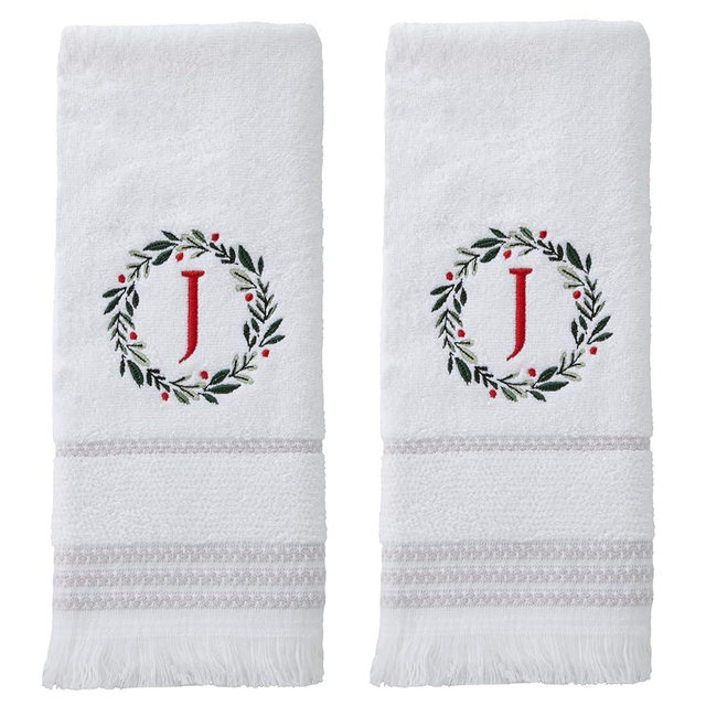 SKL Home Christmas/Winter Wreath Monogram Hand Towel J 2pc Set for Bath/Kitchen/Bar & Gift, White