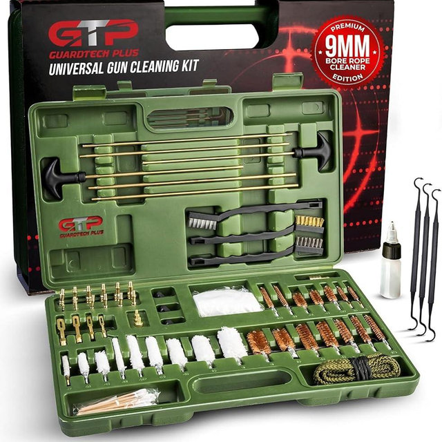 GuardTech Plus Universal Gun Cleaning Kit - Pro Grade Gun Cleaner and Handgun, Rifle and Shotgun Cleaner with Brass Jags, Cotton Patches & Bore Rope - Complete Firearm Cleaning Kits for All Guns