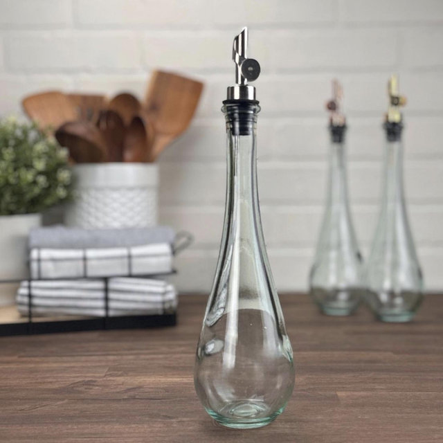 Raindrop Clear silver 11.8oz Recycled Glass with Weighted Spout | Perfect for your Premium Oils or Vinegars | Kitchen Decor | Minimalist