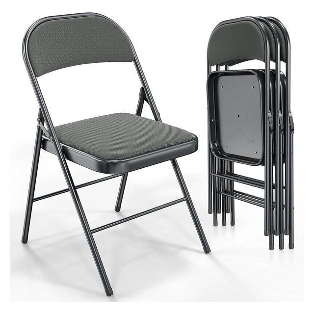 VINGLI 4 Pack Folding Chairs with Padded Seats, Metal Frame with Fabric Seat & Back, Capacity 350 lbs, Gray, Set of 4