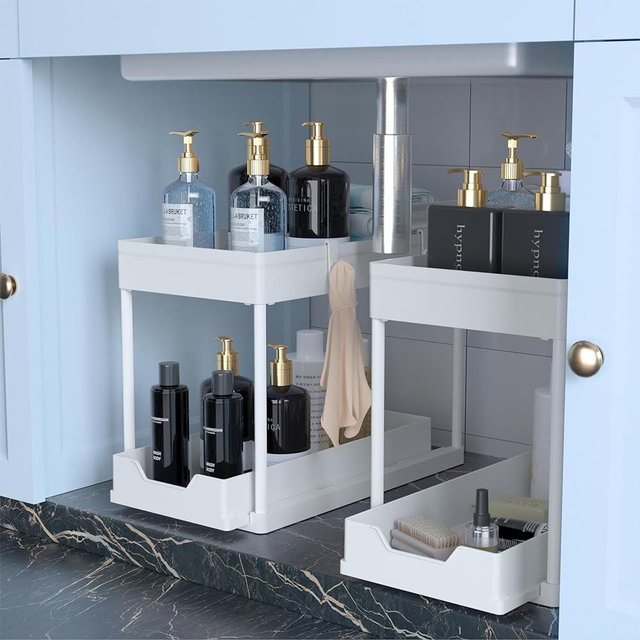 petisal 2-PACK Under Sink Organizers|Pull Out Cabinet Organizer|2 Tier Slide Out Sink Shelf Cabinet Storage Shelves For Under Kitchen Bathroom Sink Organizers and Storage. (2 PACK White)