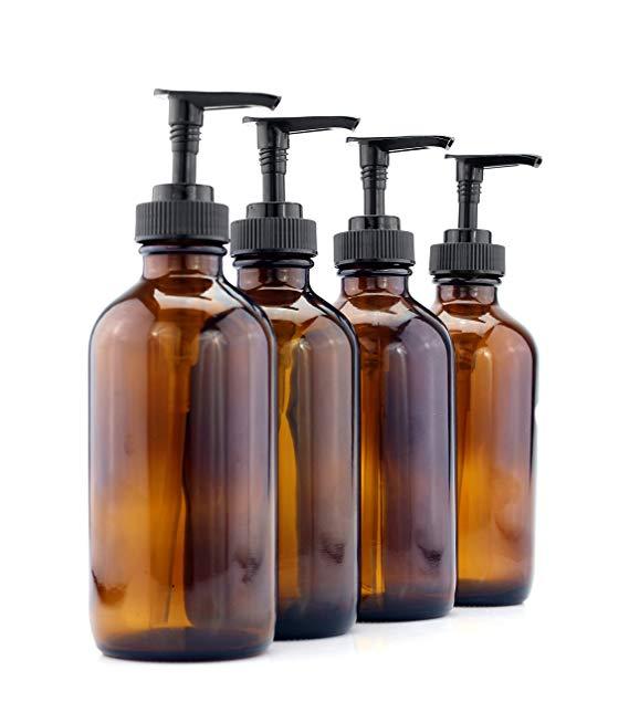 Cornucopia Brands 8-Ounce Amber Glass Pump Bottles (4-Pack); Empty Boston Round Bottles w/Black Plastic Lotion Pumps