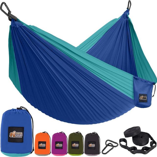 Gorilla Grip Durable Portable Camping Hammock, Holds 400lbs with Heavy Duty Tree Straps, Comfortable Travel Swing, Camp Hammocks, Easy to Use and Install, Outdoor Essentials, Blue, 10x6.5 FT