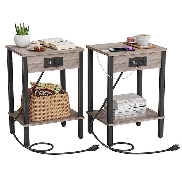 VIMBER Set of 2 End Table with Charging Station, Narrow Side Table with USB Ports and Outlets, Nightstands with 2-Tier Storage Shelves, Sofa Table for Small Space Living Room Bedroom, Greige Black