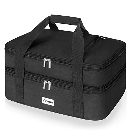 Poruary Double Casserole Carrier for Hot or Cold Food,Expandable Insulated Bag,Perfect Lasagna Holder Tote for Potlucks, Picnics,Beaches,Traveling or Gifts,Fits 9“x13” Baking Dish,Black