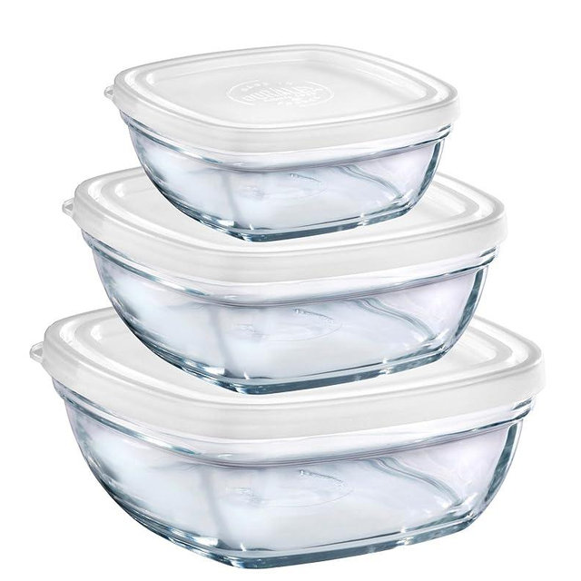Duralex - Lys Square Stackable Bowl with White Lid, Set of 3 Sizes