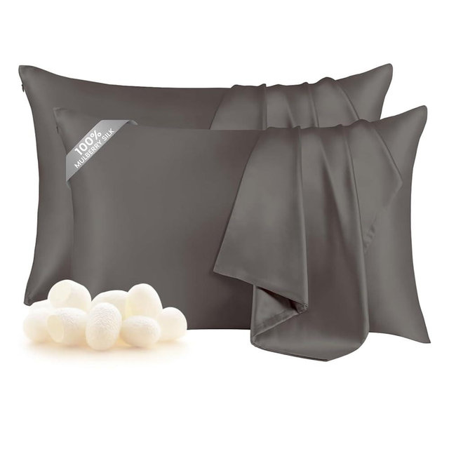 THXSILK Set of 2 Mulberry Silk Pillowcases, 100% Pure Mulberry Silk, 19 Momme 6A+ Grade, Silk Pillowcase for Hair and Skin, King Size Pillow Case with Hidden Zipper, Dark Grey