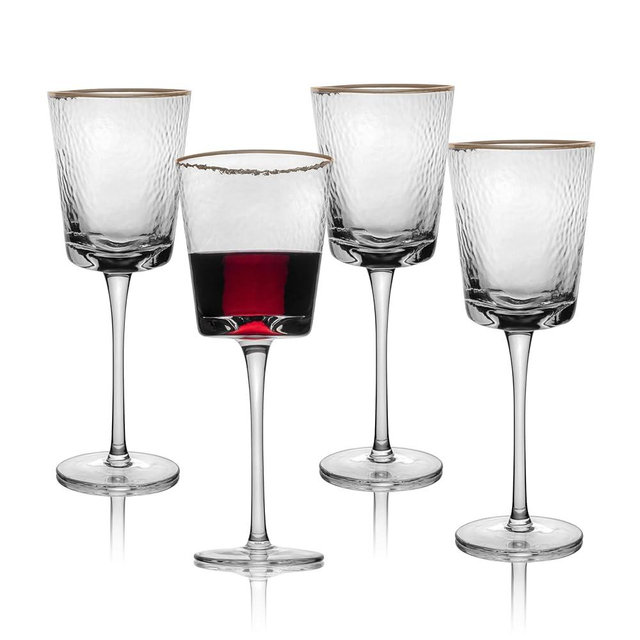Gold Rimmed Wine Glasses, Set of 4-10oz, Triangular Shaped Hammered Glass Gold Rimmed Glasses - Fancy Wine Glasses - Hammered Glass Vintage Wine Glasses - Cute Wine Glasses w/Triangular Shape