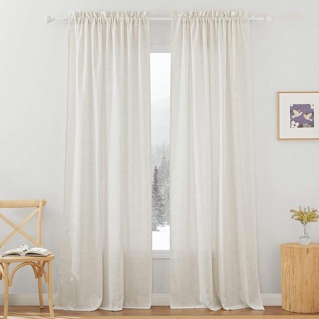 RYB HOME Linen Sheer Curtains 84 inches Long, Semi Sheer Curtains for Living Room Bedroom Privacy Soften Sunlight Drapes for Farmhouse Cafe, W 52 x L 84, Linen, 2 Panels