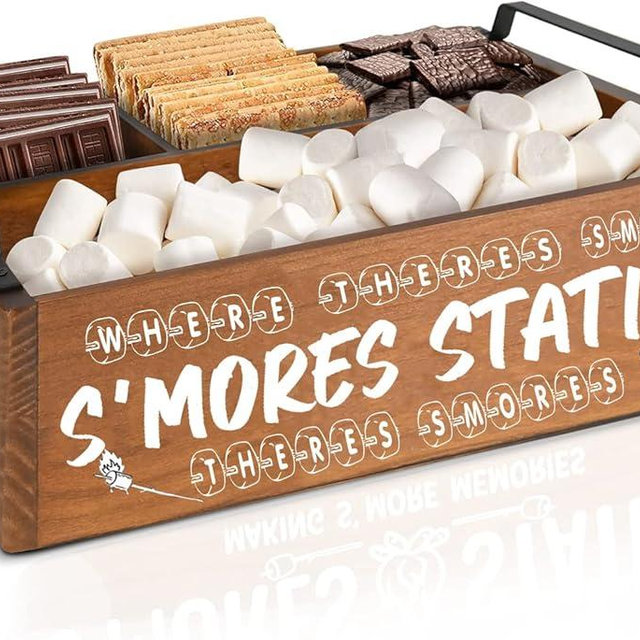 DEALZOOM Smores Station (Mini Brown 11x7x3) - Wooden Smores Caddy Holder with Handles - S'Mores Serving Tray for Kitchen - Smores Maker Box for Smores Kit Camping Decor - Smores Accessories Organizer