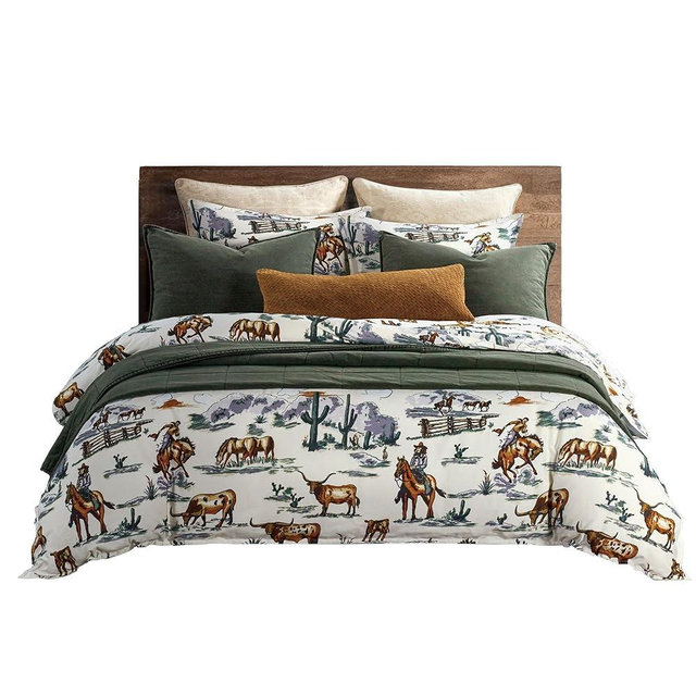 Paseo Road by HiEnd Accents Ranch Life Western Bedding 3 Piece Queen Comforter Set, Cotton Cow Cowboy Longhorn Horse Print Western Bed Set, Rustic Southwestern Comforter Set with Pillow Shams
