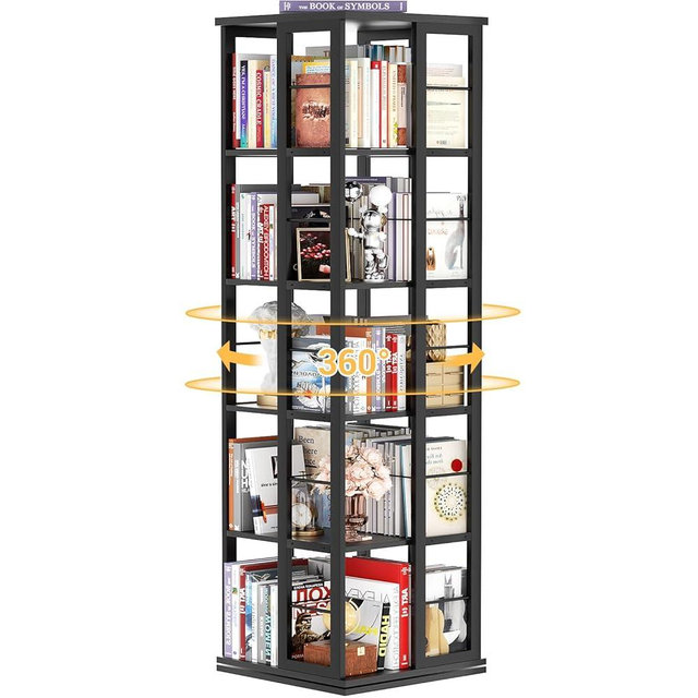 Aheaplus Rotating Bookshelf, Corner Bookcase, 360 Display Wood Spinning Bookshelves, Floor Standing Bookcases Narrow Shelf, 5 Tiers, Black